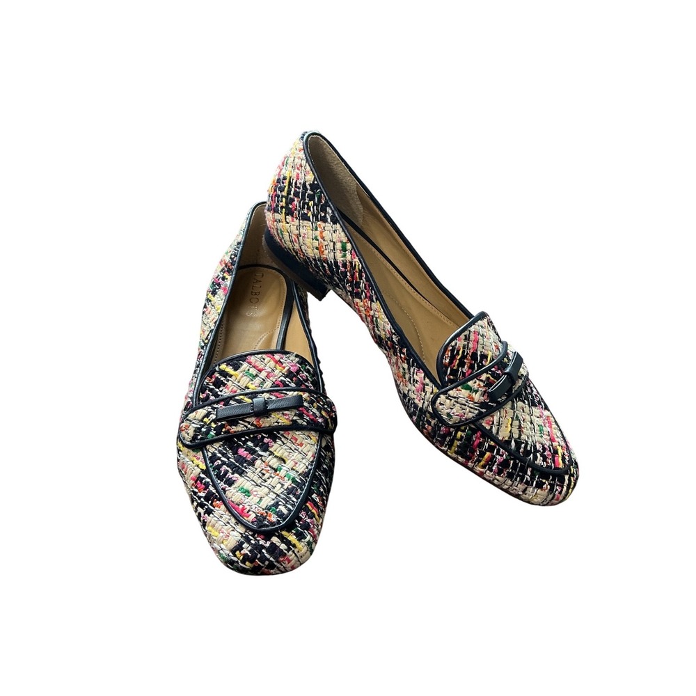 Talbots Jane Bow Cafe Tweed Multi Color Loafer Navy Pink Yellow Flats Size 6.5